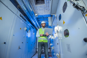 Technical manager engineer checking indicators, analyzing data from the control system in technical room hold laptop