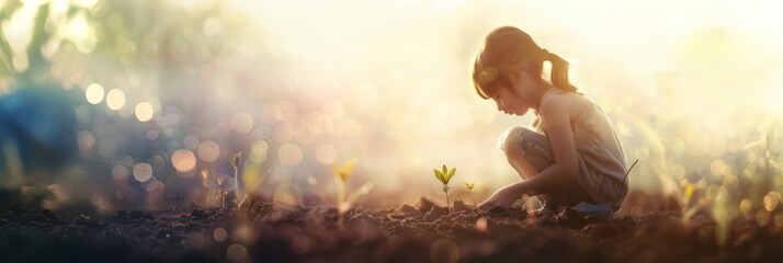 Little child planting in soil with warm sunlight