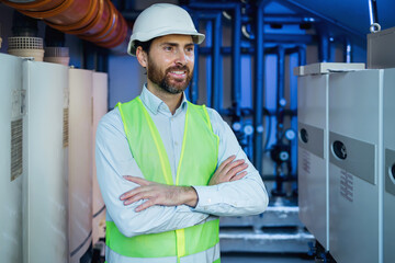 Male Qualified Specialist engineer cross hands Standing Near Water Pipes and Heating System in...
