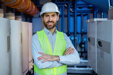 Portrait of Professional Contractor Technic in Hard Hat or Safety Wear or Engineer Worker Wearing...