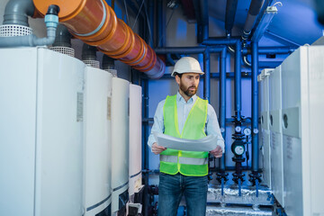 Bearded male engineer in helmet and vest inspecting manufactured equipment at factory heating room.