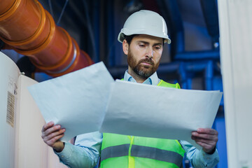 male architect or technician in helmet looking at blueprint
