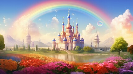 A magical illustration of a mosque surrounded by a field of colorful flowers, with a rainbow arcing across the sky above