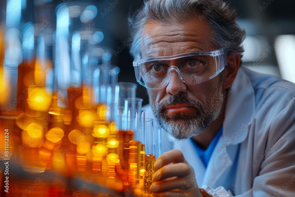 Poster intensely focused scientist examining a row of colorful liquid samples in test tubes in a lab