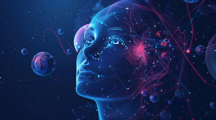 Surreal Female Portrait with Cosmic Elements and Blue Neon Glow