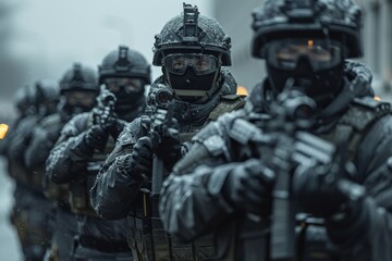 An elite squad of special forces equipped with combat gear and weapons, ready for a tactical operation
