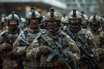 Squadron of heavily armed soldiers with tactical gear, helmets, and goggles in city environment