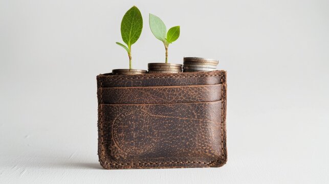 A baby plant grows from a wallet. Concept of investment