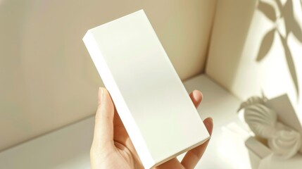 Woman hand holding empty white box. Minimalist packaging mockup