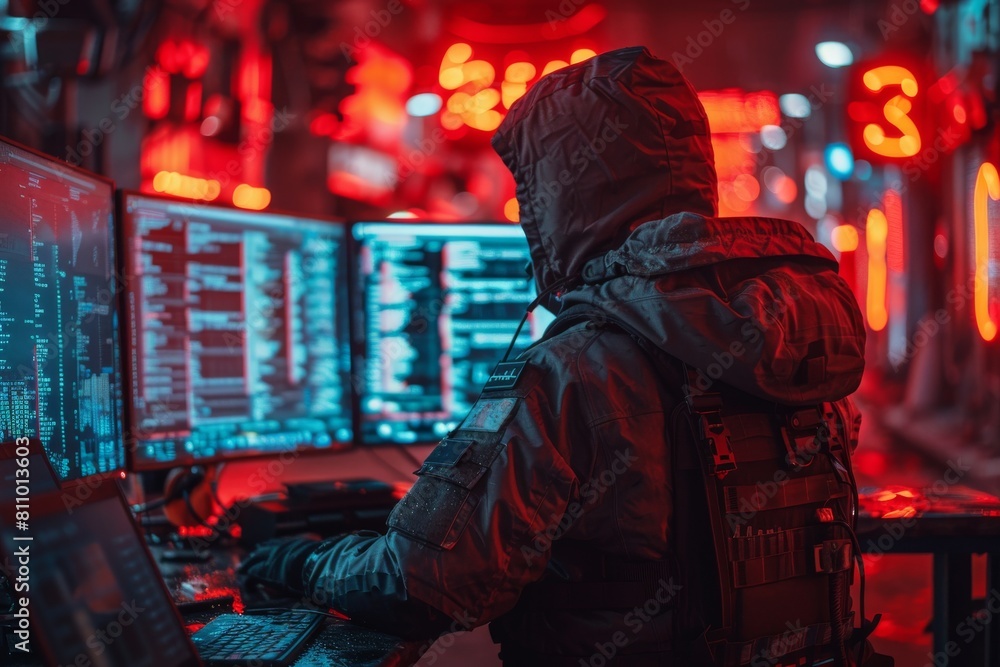 Poster intense scene of a hacker deciphering code amidst an array of glowing monitors in a dark room