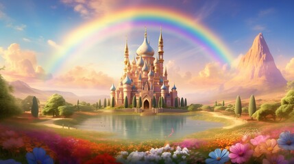 A magical illustration of a mosque surrounded by a field of colorful flowers, with a rainbow arcing across the sky above