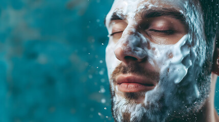 Fototapeta premium Close-up image of a man's face enveloped in foam against a soft turquoise background, emphasizing tranquility and the textured details of his skin