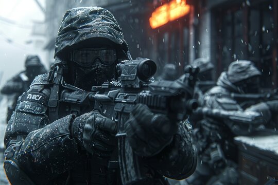 This dynamic image showcases an elite soldier in winter camouflage gear, ready for action amidst a snowy environment