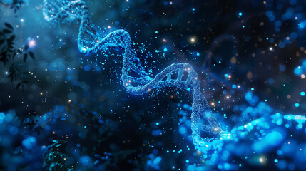 Glowing Blue DNA Helix Structure Against a Starry Night Background