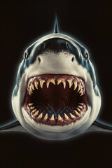 Naklejka premium Portrait of a shark set against a black background. Looking straight at the camera with open mouth. Soft blue glow rim lighting the animal figure. With a retro vintage sepia tint. Fierce animal.