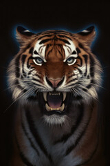 Portrait of a tiger set against a black background. Looking straight at the camera. Soft blue glow rim lighting the animal figure. With a retro vintage sepia tint. Fierce animal.