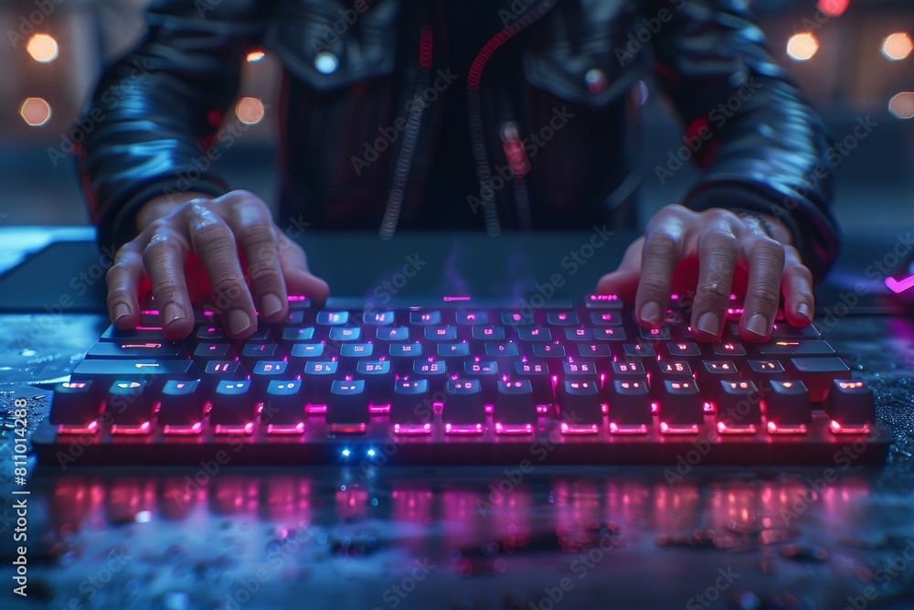 Poster a person's hands are typing on a backlit keyboard, emphasizing the lit keys and focus