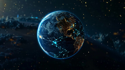 Illuminated Earth Globe with Network Connections Over Starry Space Background - obrazy, fototapety, plakaty