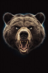 Portrait of a brown bear set against a black background. Looking straight at the camera. Soft blue glow rim lighting the animal figure. With a retro vintage sepia tint. Fierce animal.