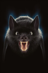 Obraz premium Portrait of a creepy bat set against a black background. Looking straight at the camera. Soft blue glow rim lighting the animal figure. With a retro vintage sepia tint. Fierce animal.