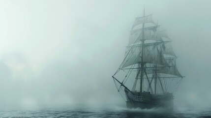 Fototapeta premium Sailing ship in sea water in heavy fog.