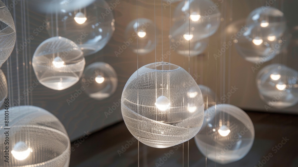 Poster Numerous transparent balls are suspended from the ceiling in an orderly arrangement, creating a visually striking display.