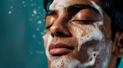 Fototapeta premium Close-up of a man's face covered in white foam, eyes closed in relaxation, set against a teal background, conveying a moment of calm and personal grooming