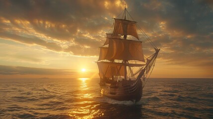 Obraz premium Sailing ship in sea water at sunset.
