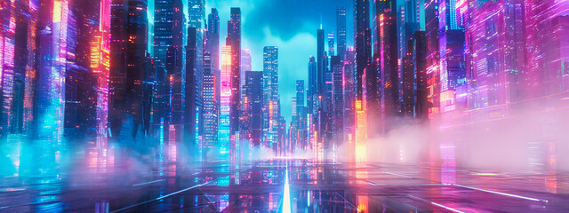 Fototapeta premium GPT Un paisaje urbano futurista con rascacielos imponentes y luces de neón resplandecientes, con una calle vacía que conduce al horizonte. El cielo está pintado de colores vibrantes.