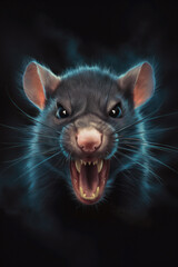 Portrait of a rat set against a black background. Looking straight at the camera. Soft blue glow rim lighting the animal figure. With a retro vintage sepia tint. Fierce animal.
