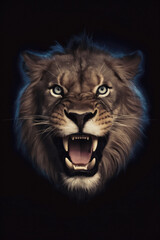 Fototapeta premium Portrait of a lion set against a black background. Looking straight at the camera. Soft blue glow rim lighting the animal figure. With a retro vintage sepia tint. Fierce animal.