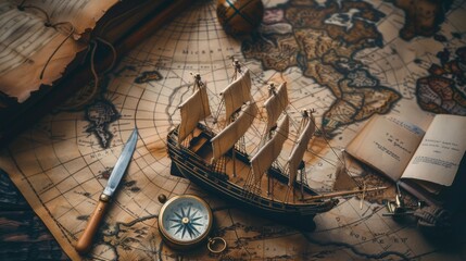 A model vintage sailing ship on world map with adventure theme decoration