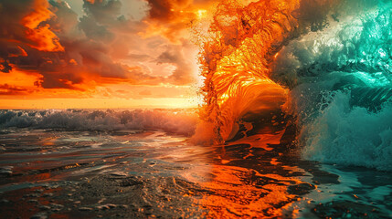 A striking visual of bright orange and deep teal waves colliding, their splash creating a stunning effect like a sunset reflecting on ocean waters.