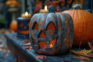 A rustic Jack O'Lantern sits among fallen autumn leaves and lit candles, creating a festive Halloween atmosphere