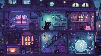 Cozy Mystical Home Interior with Black Cat and Occult Decor
