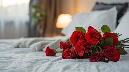 Fototapeta premium Red roses on the bed. Valentine's day concept. Copy space.