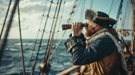 Obraz premium Portrait of medieval ship crew of a vintage sail ship in sea.