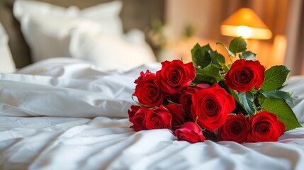 Red roses on the bed. Valentine's day concept. Copy space.
