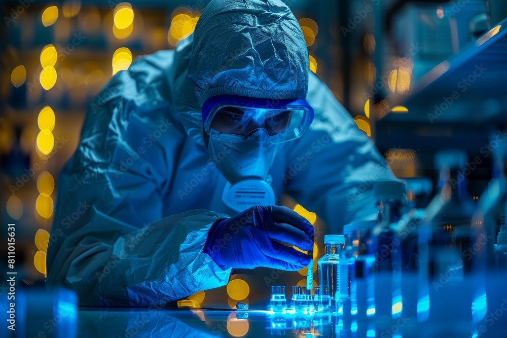Poster a scientist in protective gear is analyzing test tubes in a lab with a modern, high-tech environment