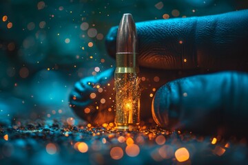A macro shot of a bullet with sparkling details and a dark, cinematic background