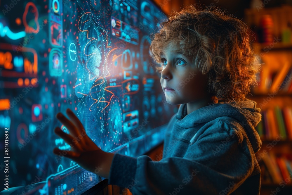 Poster a child in a hoodie is engaged with futuristic digital graphics symbolizing advanced technology and 