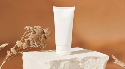 A white tube of cream perched atop a rugged rock formation, showcasing minimalist design against a natural backdrop