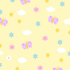 Illustration of butterfly, flower, cloud on a pastel yellow background for fabric, floral print, wallpaper, backdrop, kid clothes, picnic, spring, summer, cute pattern, textile, garment, toddler, baby