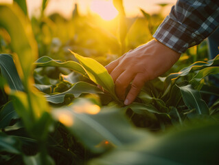 Obraz premium At dusk, a farmer inspects the corn crop, gently touching a maize leaf in a close-up shot, ensuring its well-being.