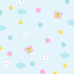 Illustration of butterfly, flowers, cloud on a pastel blue background for fabric, floral print, wallpaper, backdrop, kid clothes, picnic, spring, summer, cute pattern, textile, garment, toddler, baby