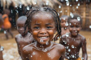 Gleeful child with sparkling eyes bathed in water splashes indicates pure joy and the simplicity of playful moments