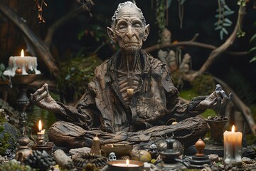 Ancient Dryad Elder Meditates Amidst Mystical Relics in Secluded Forest Interior