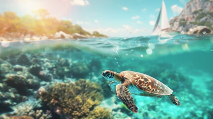 Naklejka premium Sailing boat above and sea turtle beneath underwater in sea.