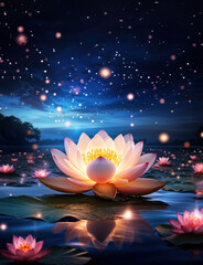 Ethereal lotus blossoming under twilight sky radiating a soft glow signifying peace and harmony. Happy Vesak Day idea. Generative ai.