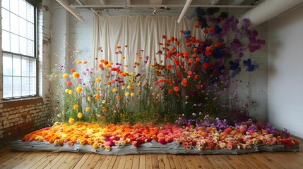 a flower arch stands in a corner of the studio. It was decorated with colorful flowers that looked like butterflies that were flying